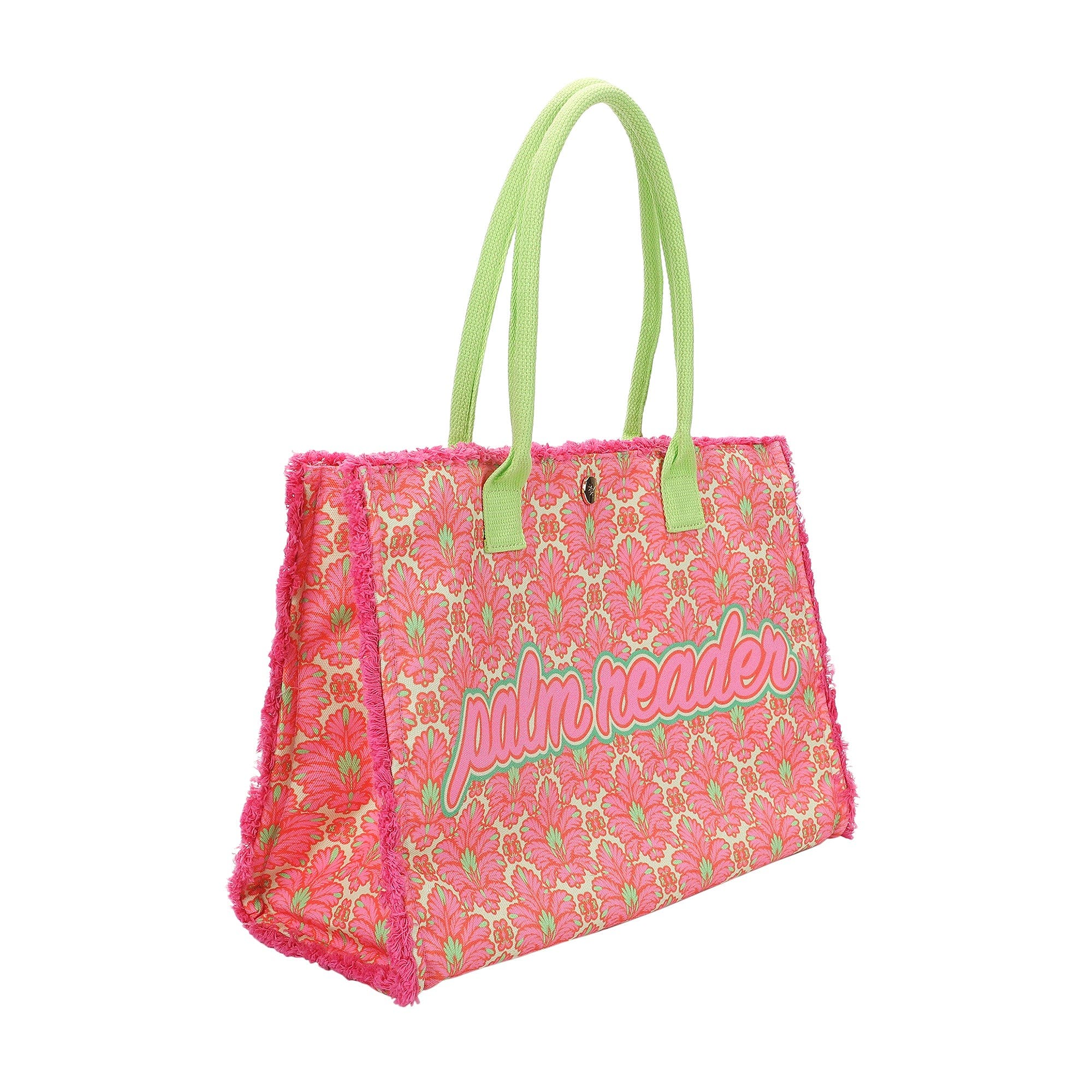 Palm Reader Tropical Canvas Fringe Tote Bag - All-Over Palm Print with Frayed Fringe, Corded Handles, Zippered Pocket, and Confetti Lining, Alternate, color, Pink