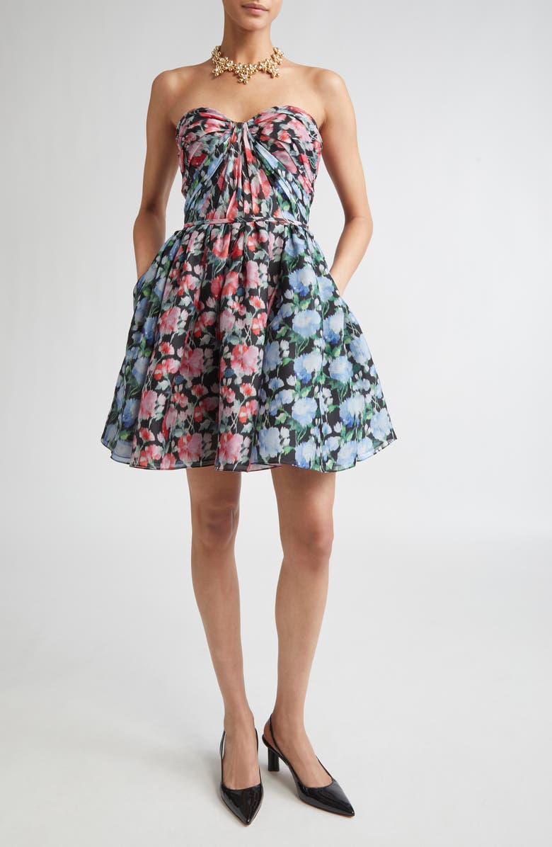 Carolina Herrera Gathered Sweetheart Strapless Silk Crepe Minidress, Main, color, Multi Floral