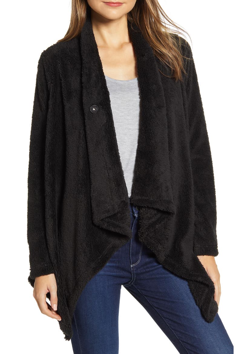Drape Front Faux Fur Cardigan, Main, color, BLACK
