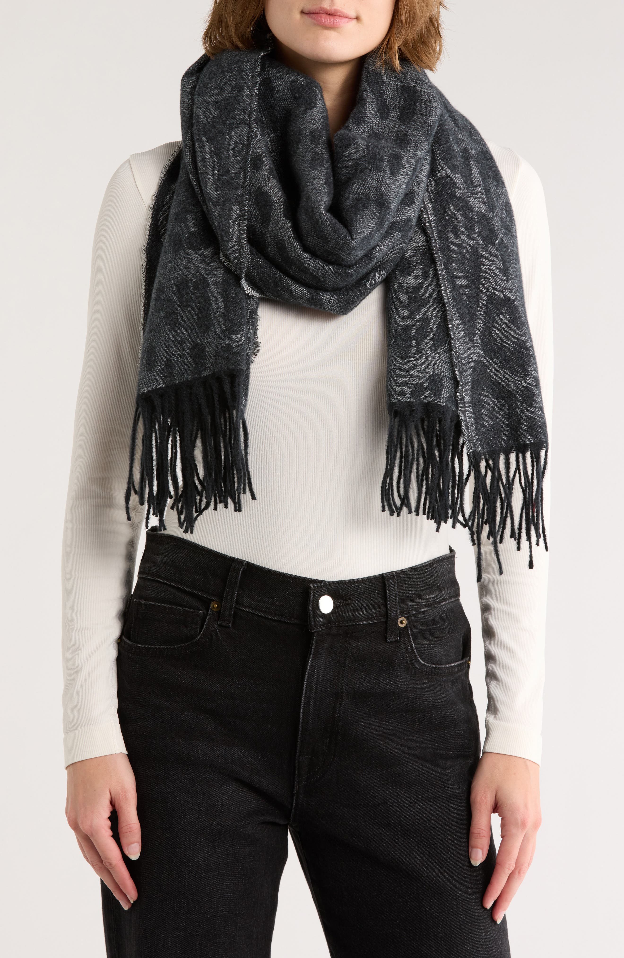 Vince Camuto Leopard Jacquard Fringe Scarf