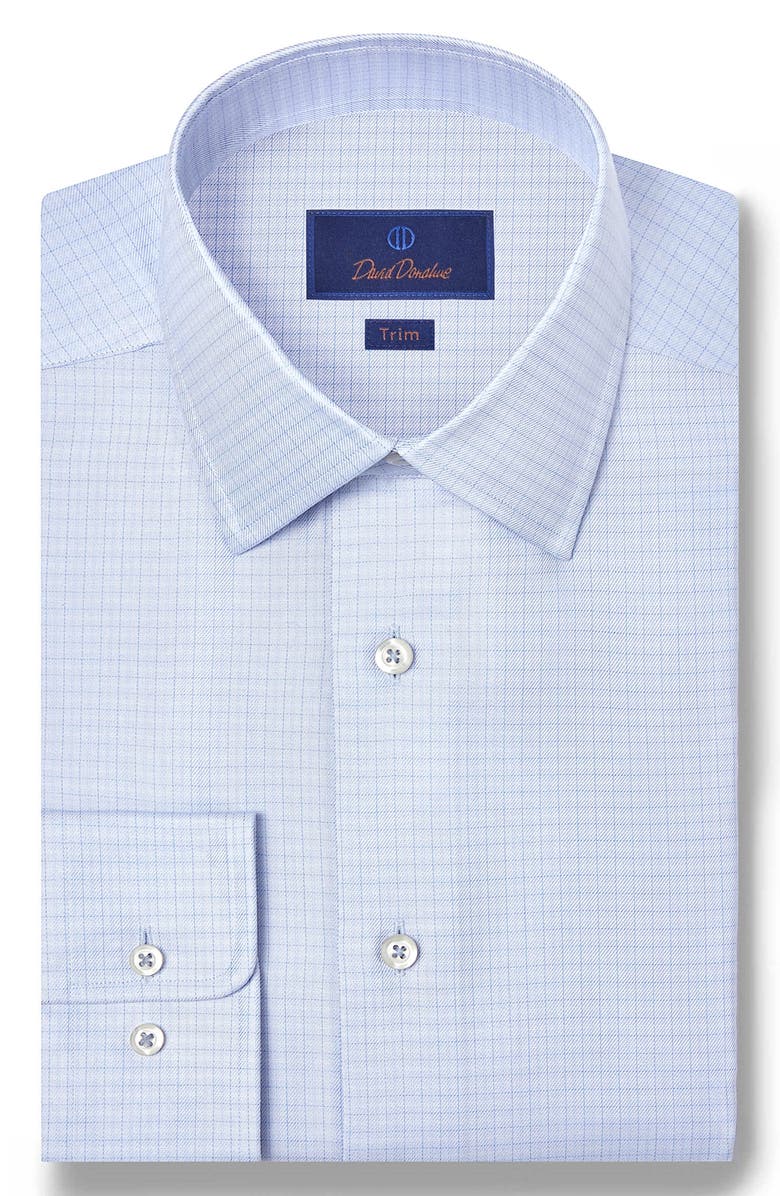 David Donahue Trim Fit Check Cotton & Silk Twill Dress Shirt, Main, color, Sky