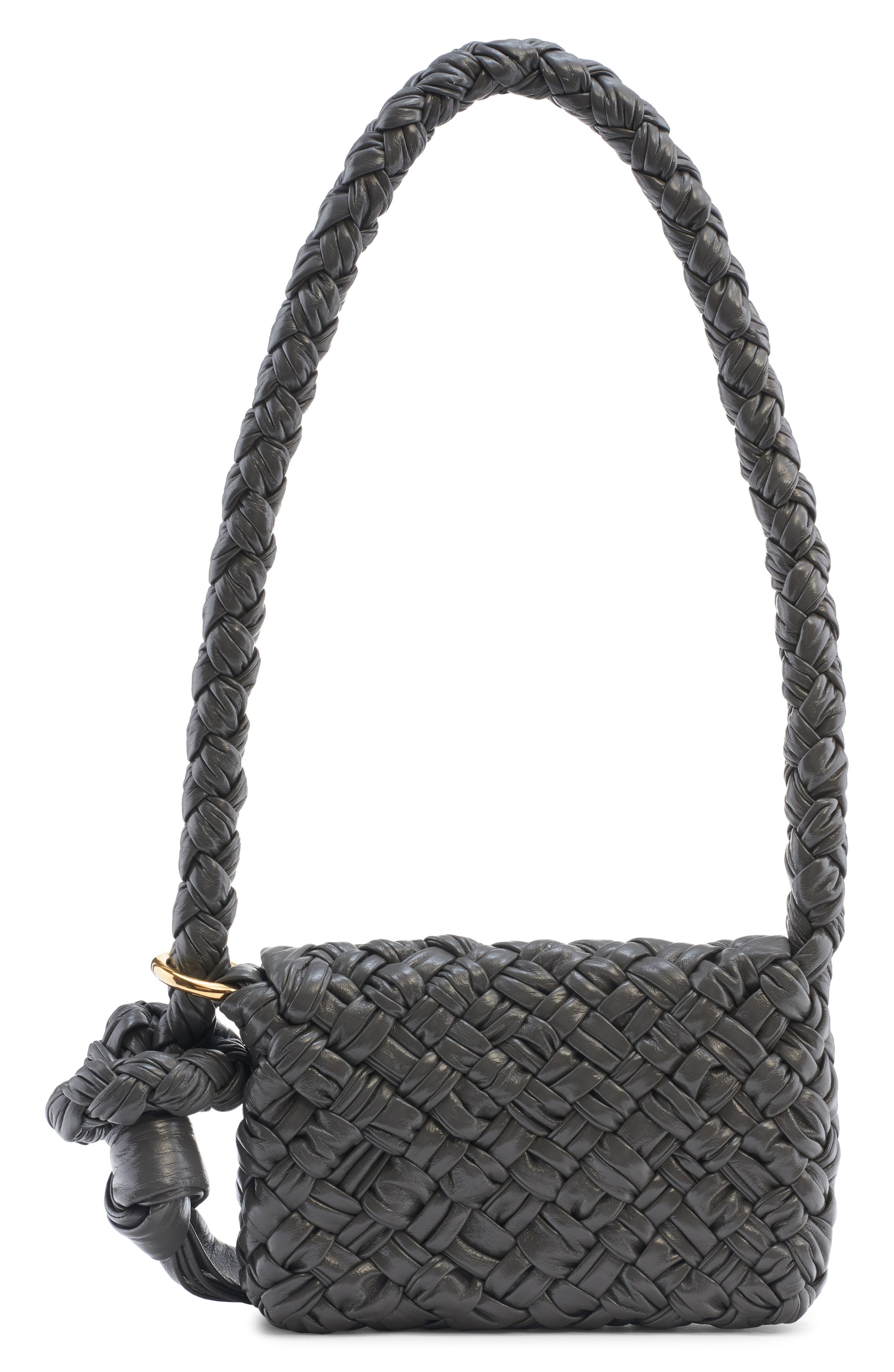 Bottega Veneta Kalimero Intrecciato Leather Shoulder Bag, Alternate, color, Black/ Brass