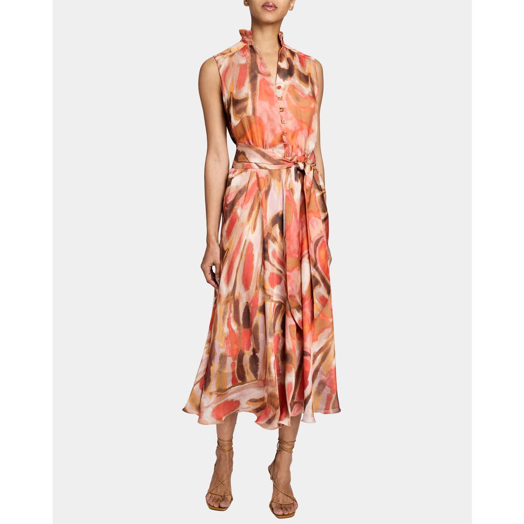 Santorelli Nirva Sleeveless Ruffle-neck Midi Dress In Abstract Printed Georgette