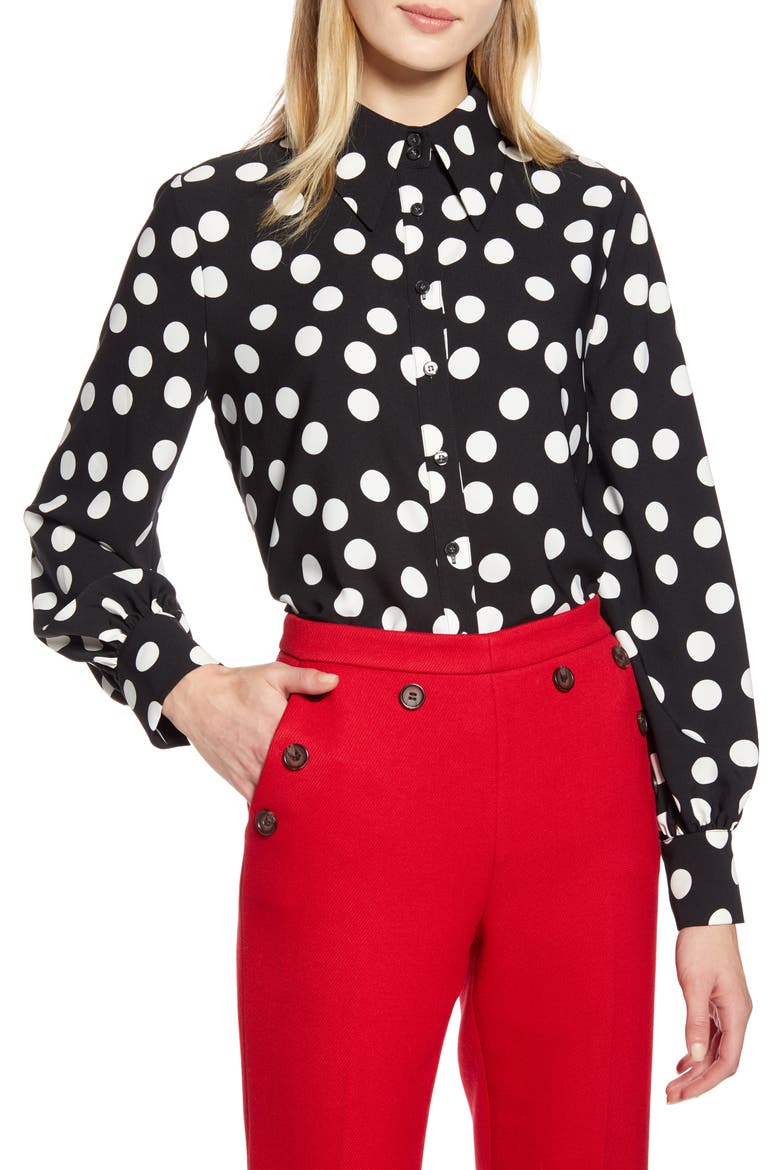 x Atlantic-Pacific Puff Sleeve Button-Up Shirt, Main, color, BLACK- IVORY DOTTY PRINT