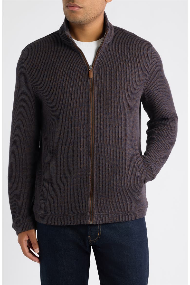Marled Rib Knit Zip Jacket, Alternate, color, NAVY/ BROWN