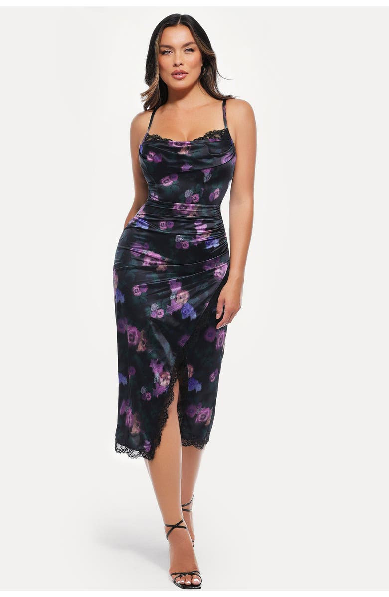 Popilush Lace Trim Sculpting Floral-Print Midi Dress, Main, color, Nocturne Floral