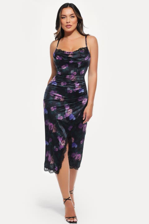 Lace Trim Sculpting Floral-Print Midi Dress