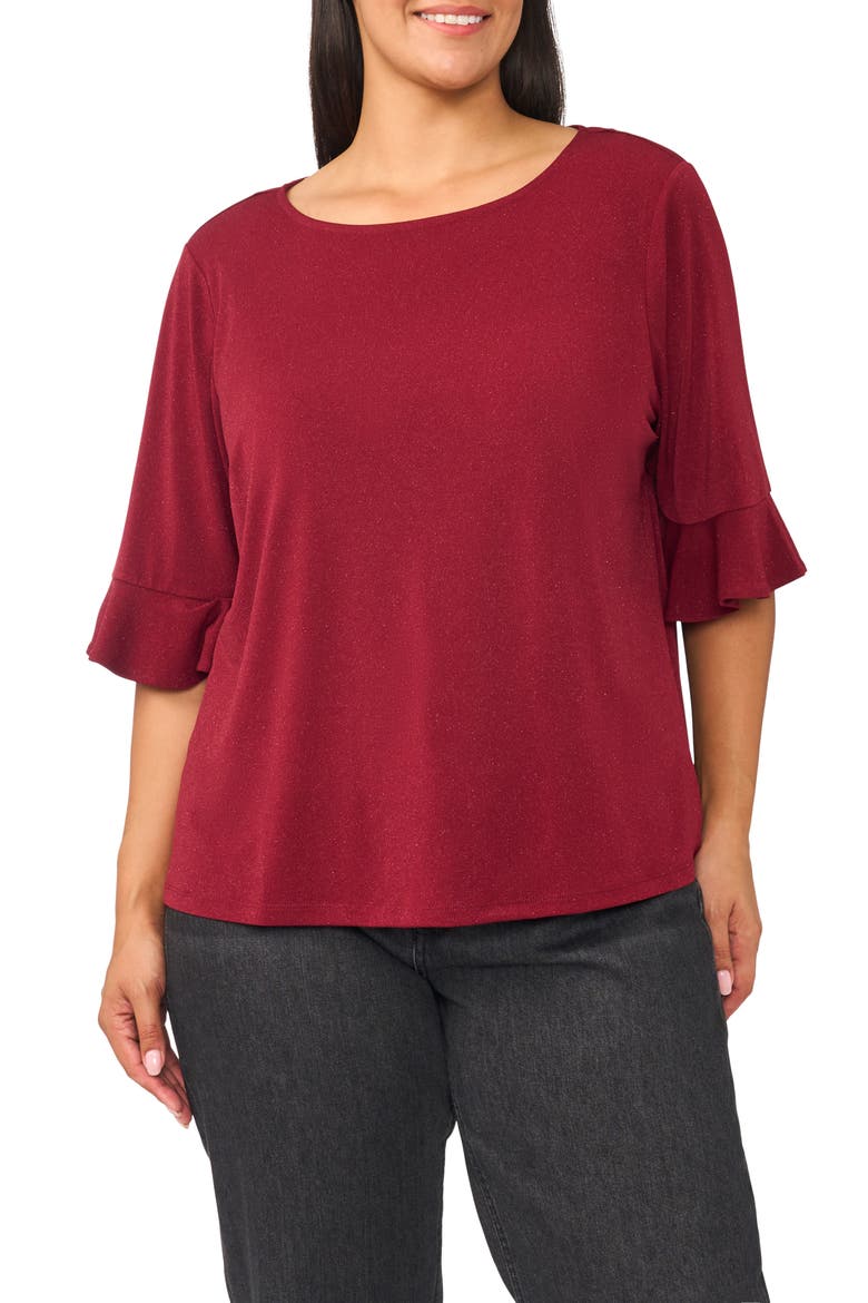Ruffle Cuff Crewneck Top, Main, color, EARTH RED