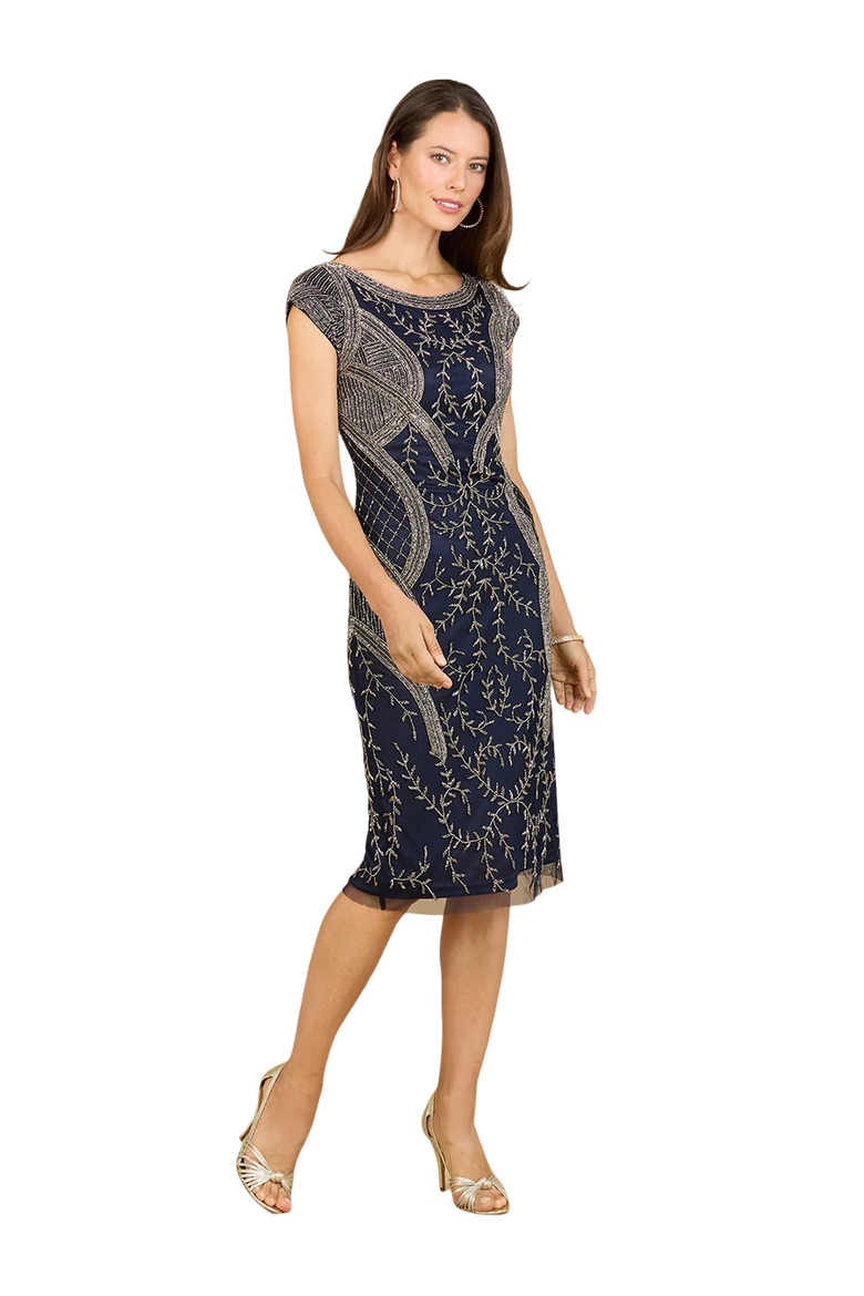 Cap Sleeve Midi Gown with High Neckline, Main, color, Navy