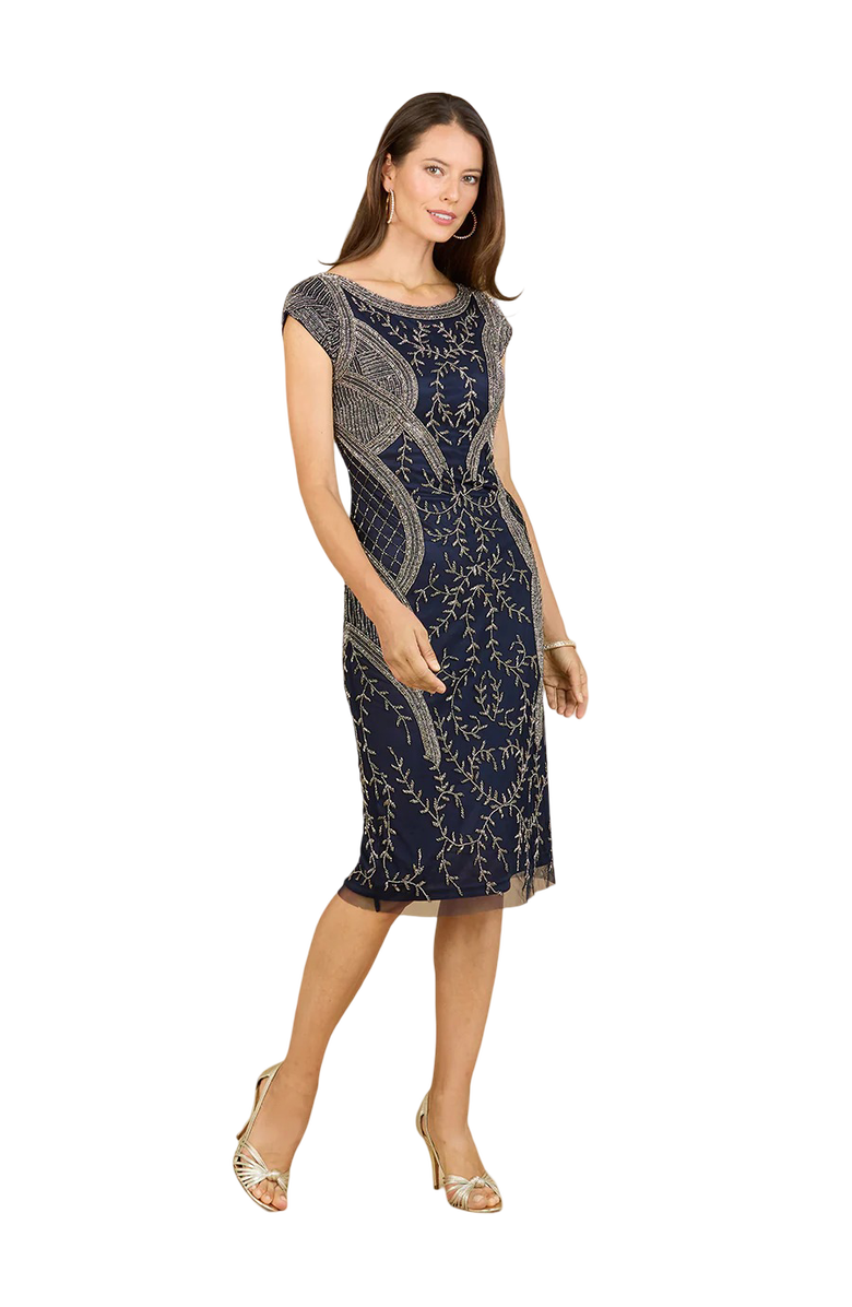 LARA New York Cap Sleeve Midi Gown with High Neckline, Main, color, Navy