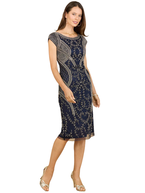 Cap Sleeve Midi Gown with High Neckline