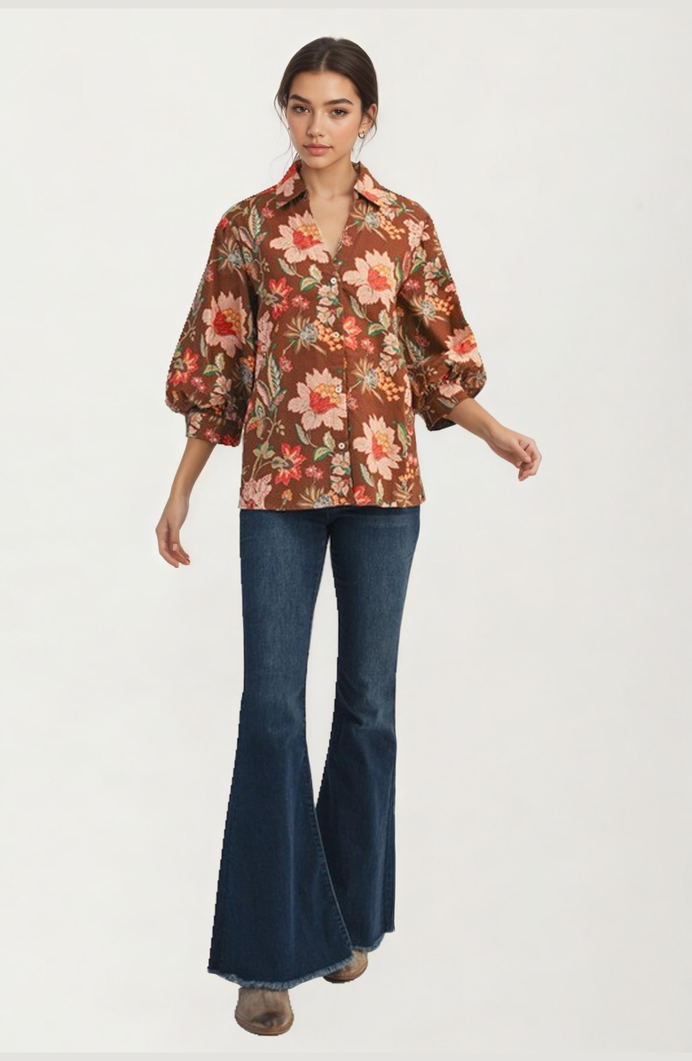 Knit and Lounge Floral Print Button-Up Voluminous-Sleeve Blouse, Alternate, color, 