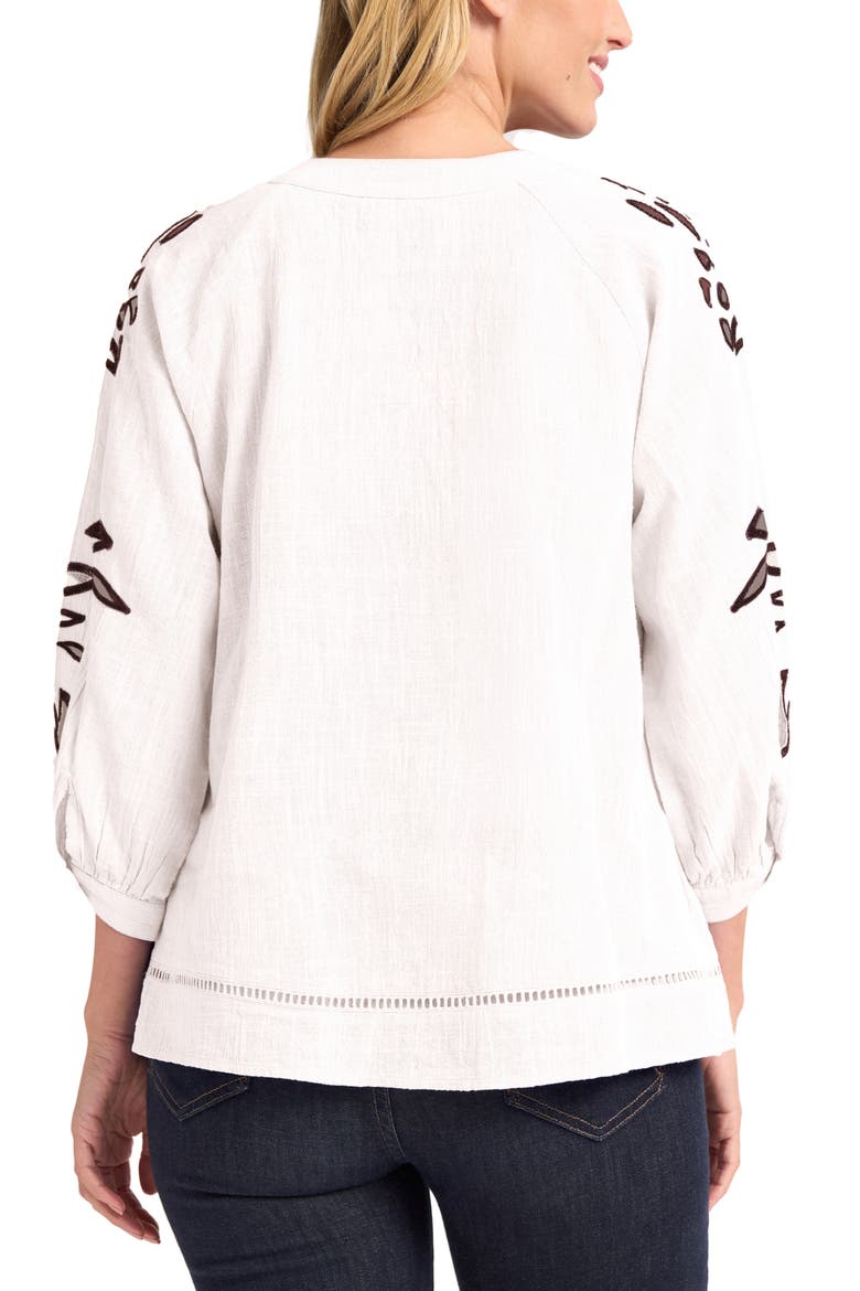 Athena Embroidered Puff Sleeve Cotton Top, Alternate, color, WHITE/ CHOCOLATE