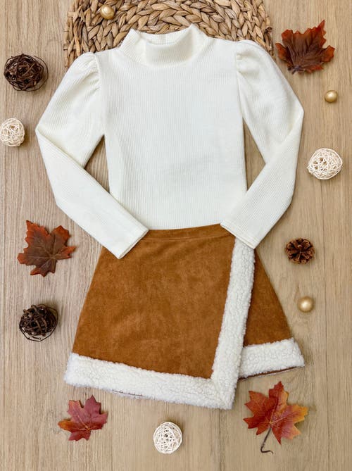Mia Belle Girls Ivory Turtleneck Top And Trimmed Skort Set In Ivory