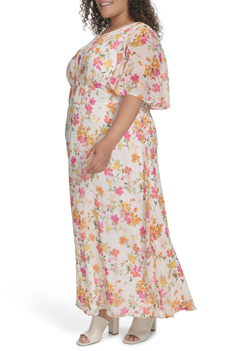 Calvin Klein Floral Capelet Short Sleeve Chiffon Maxi Dress, Alternate, color, Berry Multi