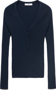 MANGO V-Neck Ribbed Henley Sweater