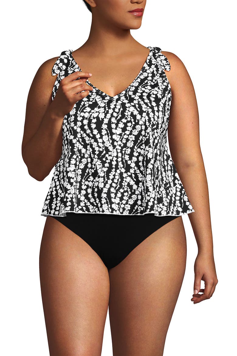 Plus Size DD-Cup Tie Shoulder Flutter Tankini Top, Main, color, Black/White Vine Floral