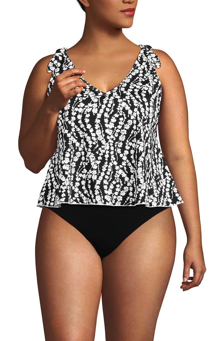 Lands' End Plus Size DD-Cup Tie Shoulder Flutter Tankini Top, Main, color, Black/White Vine Floral