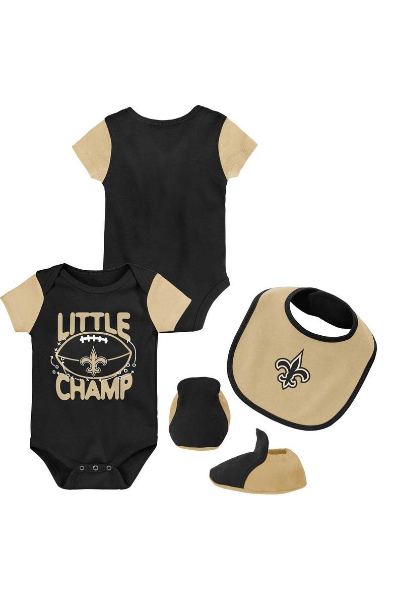 Outerstuff Newborn & Infant Black/Gold New Orleans Saints Little Champ Three-Piece Bodysuit Bib & Booties Set, Main, color, 