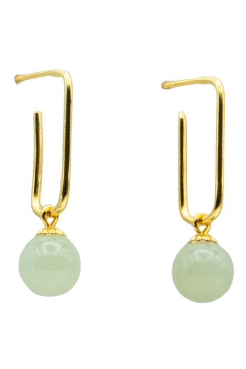 Pin Green jade bead gold earrings
