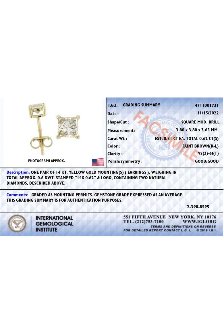 14K Yellow Gold 5/8 Cttw Princess Natural Brown Diamond Solitaire Stud Earrings, Alternate, color, Yellow