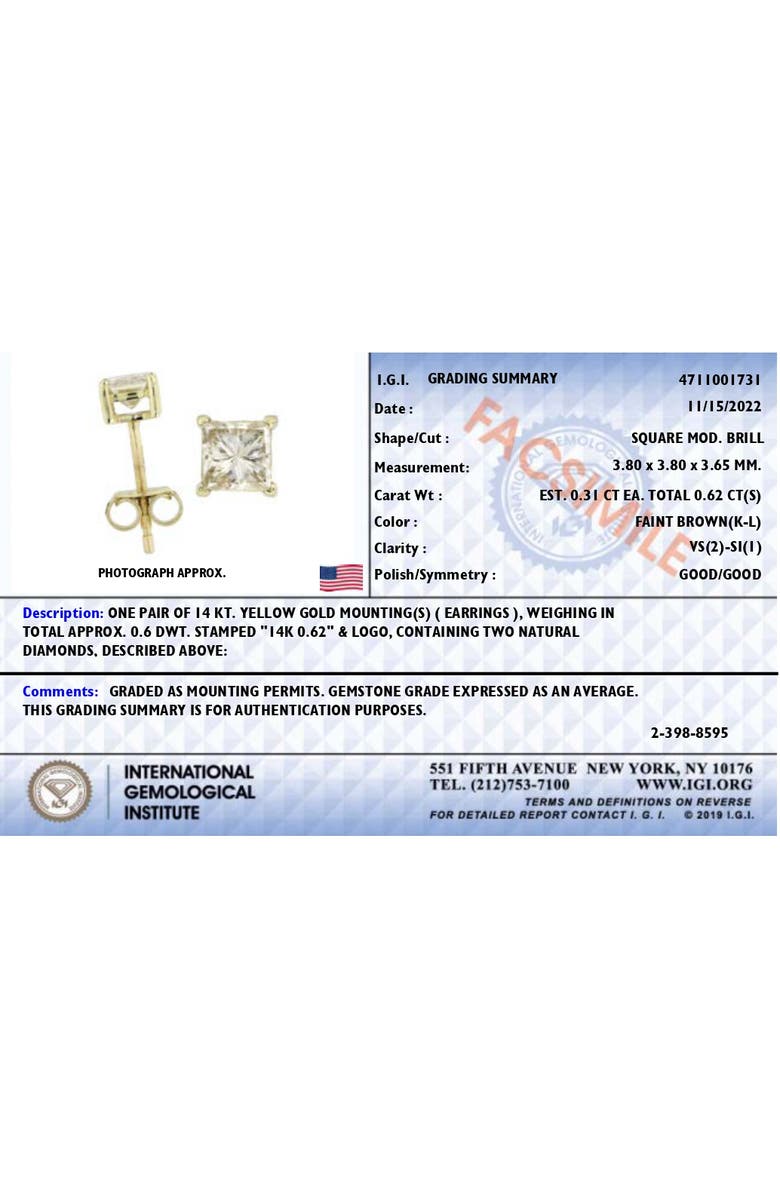 Haus of Brilliance 14K Yellow Gold 5/8 Cttw Princess Natural Brown Diamond Solitaire Stud Earrings, Alternate, color, Yellow