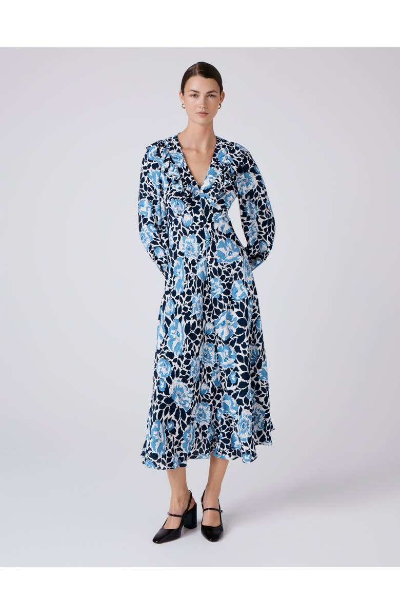 Ghost London Noa Floral Crepe V Neck Midi Dress, Main, color, Blue Floral