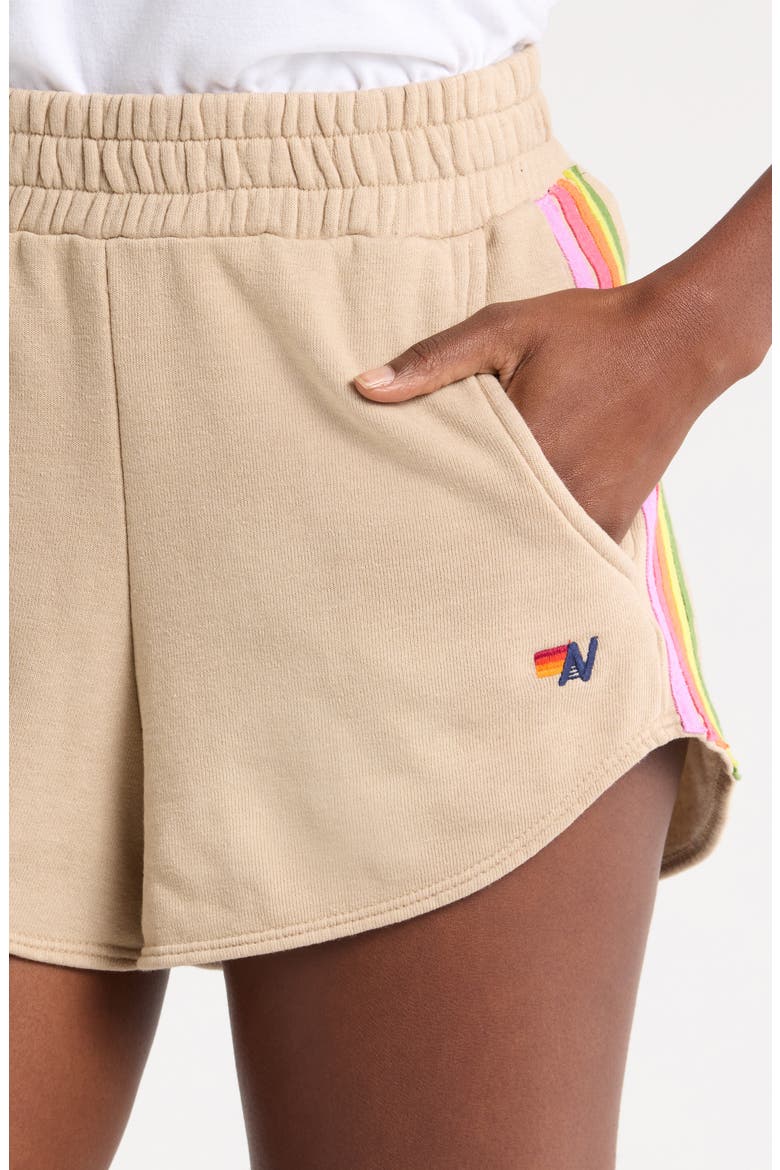 5-Stripe Sweat Shorts, Alternate, color, SAND/ PINK GREEN