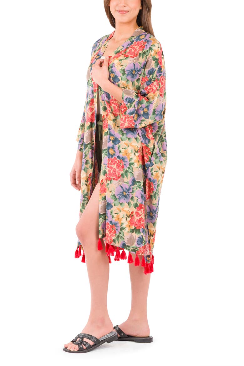 Floral Tassel Trim Short Ruana, Alternate, color, FRENCH HYDRANGEA