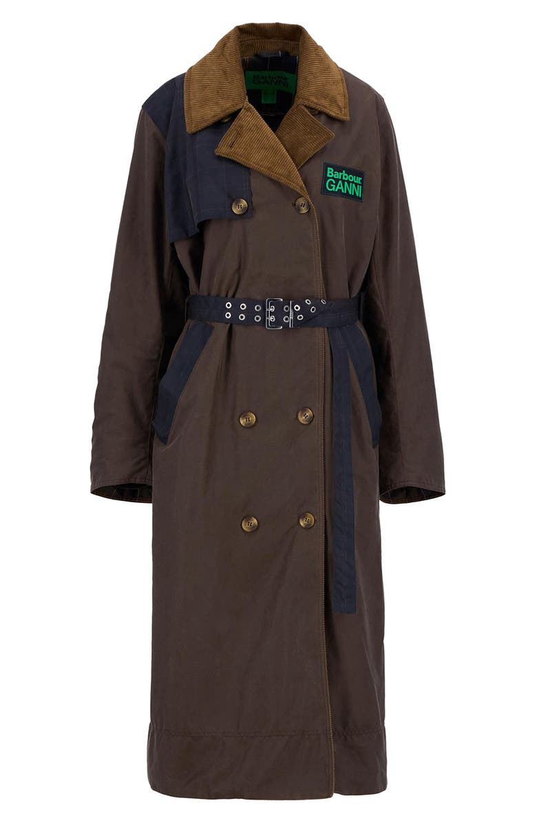 Barbour x Ganni Waxed Colorblock Trench Coat, Alternate, color,