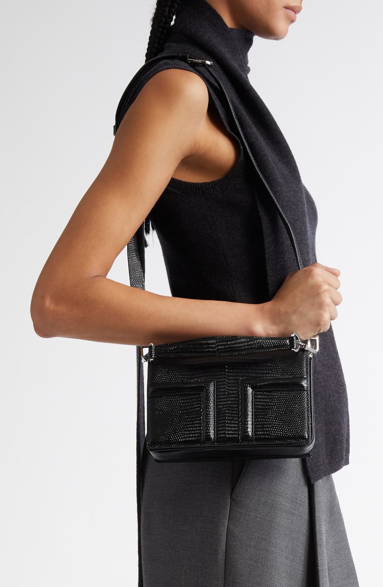 TOTEME Mini T-Flap Lizard Embossed Leather Top Handle Bag, Alternate, color, Black