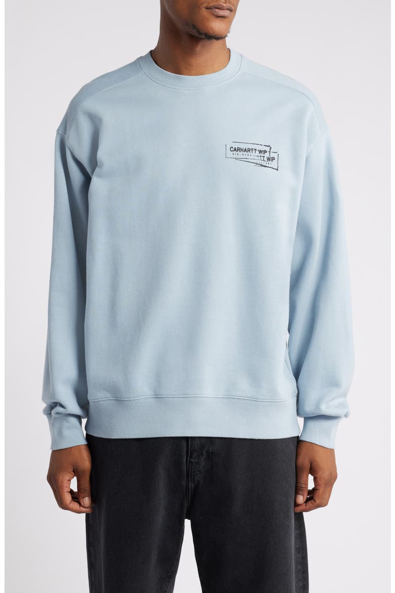 Stamp Loose Fit Graphic Sweatshirt, Main, color, MISTY SKY / BLACK