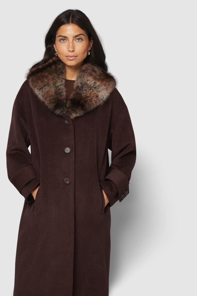 Faux Fur Collar Tab Cuff Coat, Alternate, color, Chocolate
