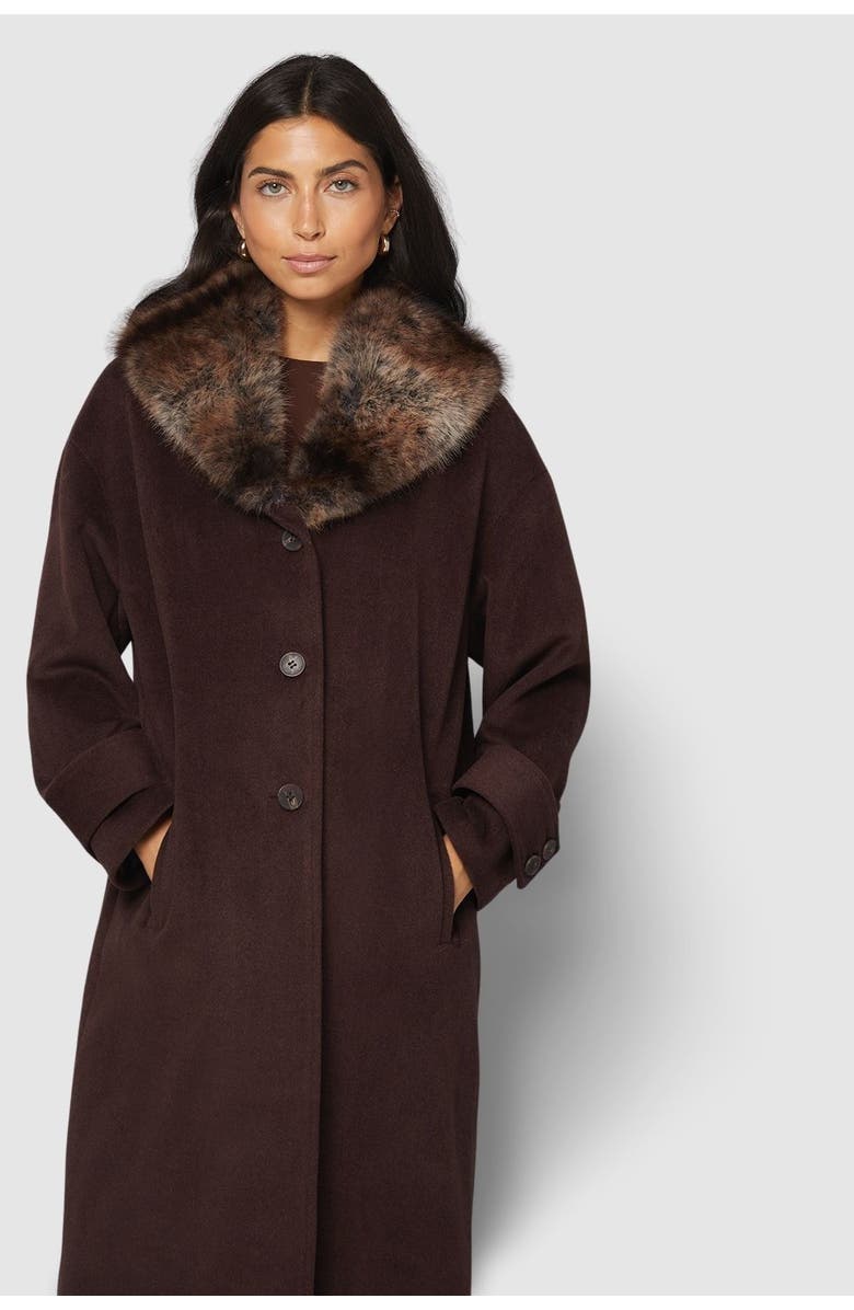 Wallis Faux Fur Collar Tab Cuff Coat, Alternate, color, Chocolate