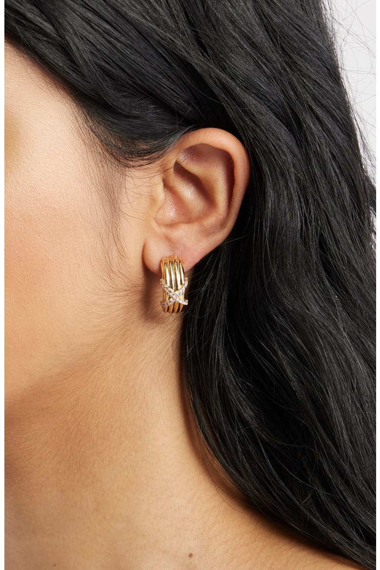 Cubic Zirconia Crisscross Huggie Hoop Earrings, Alternate, color, CLEAR- GOLD