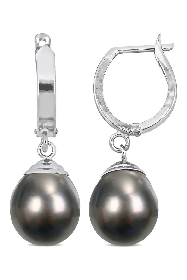 14K White Gold Cultured Black Tahitian Pearl Drop Huggie Hoop Earrings, Main, color, BLACK