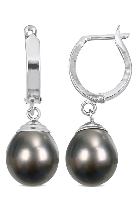 14K White Gold Cultured Black Tahitian Pearl Drop Huggie Hoop Earrings