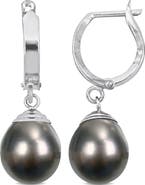 DELMAR 14K White Gold Cultured Black Tahitian Pearl Drop Huggie Hoop Earrings