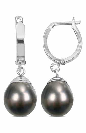 14K White Gold Cultured Black Tahitian Pearl Drop Huggie Hoop Earrings