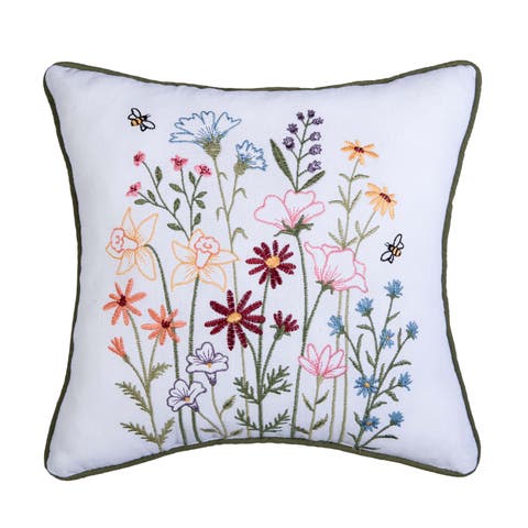 Botanical Blooms Bee Embroidered Throw Pillow, 12" x 12"