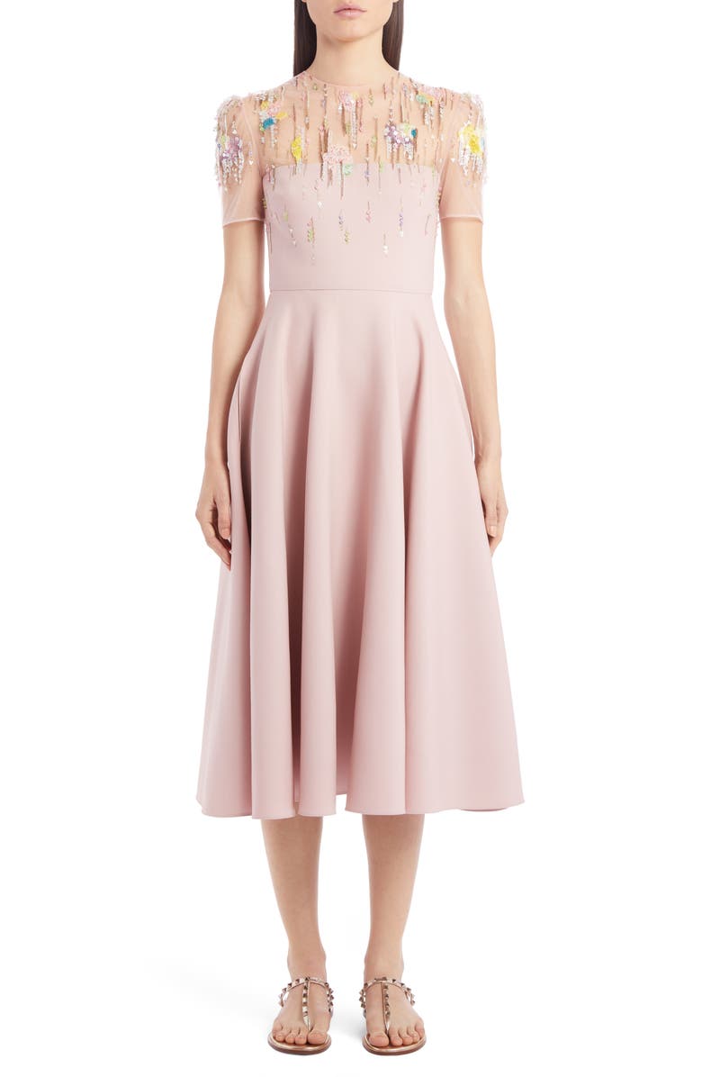 Valentino Embellished Illusion Yoke Wool & Silk Midi Dress, Main, color, 