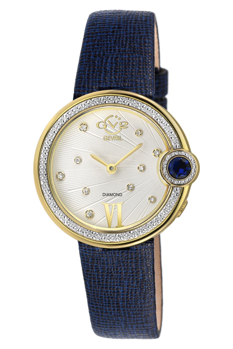Perugia Diamond Leather Strap Watch, 33mm - 0.102ct., Main, color, BLUE