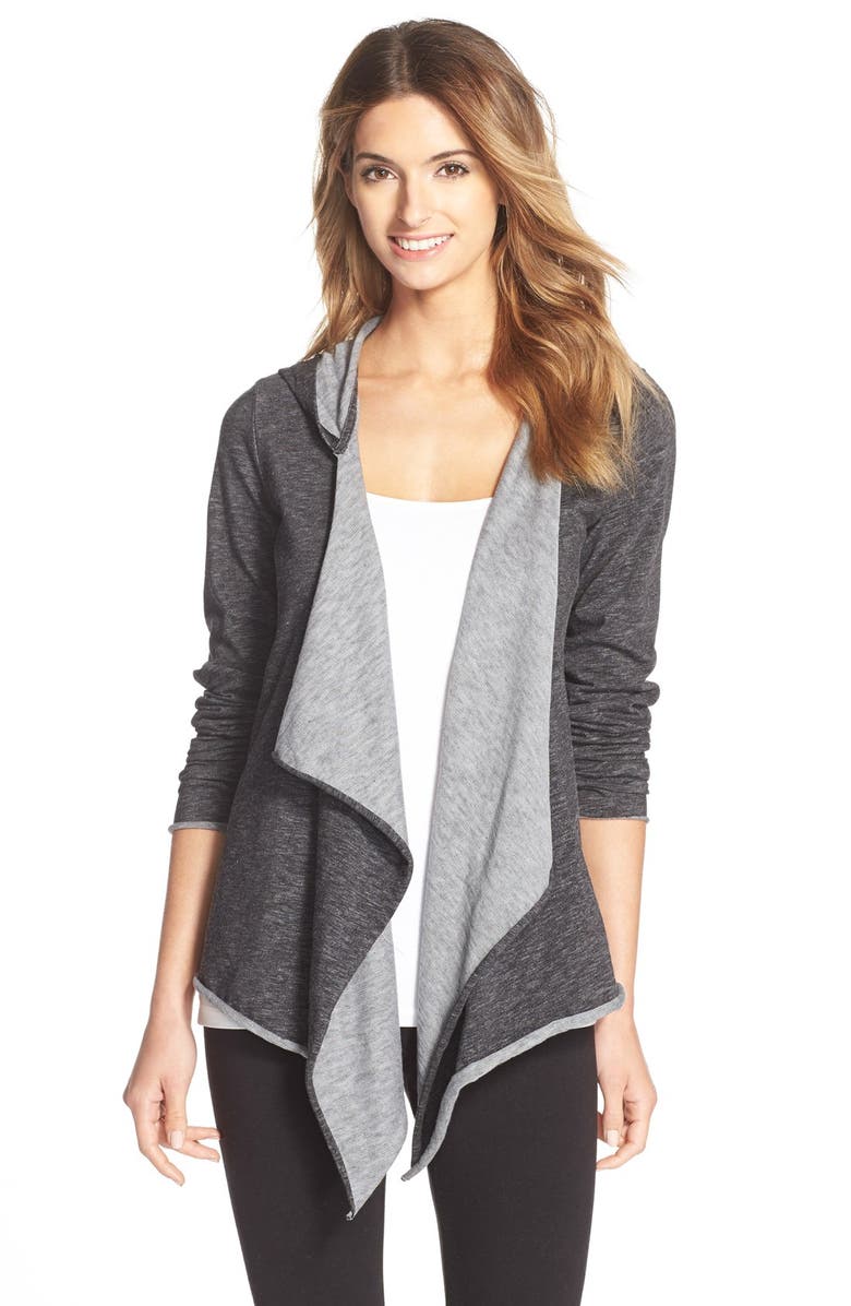 Midnight by Carole Hochman Carole Hochman Designs Hooded Drape Front Cardigan, Main, color, 