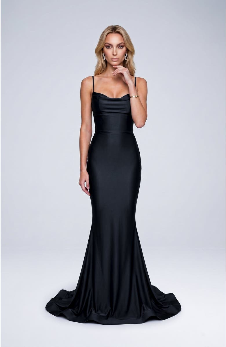 Jessica Angel Cowl Neck Lace-Up Open Back Mermaid Gown, Alternate, color, Black