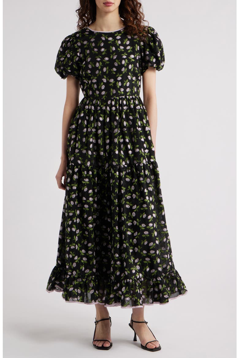 Fate Floral Tiered Puff Sleeve Maxi Dress, Main, color, BLACK