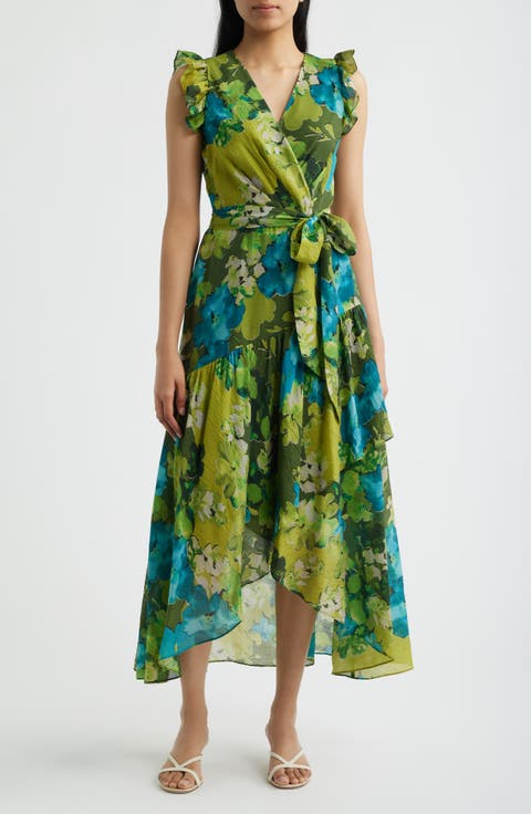 Floral Print Faux Wrap Midi Dress