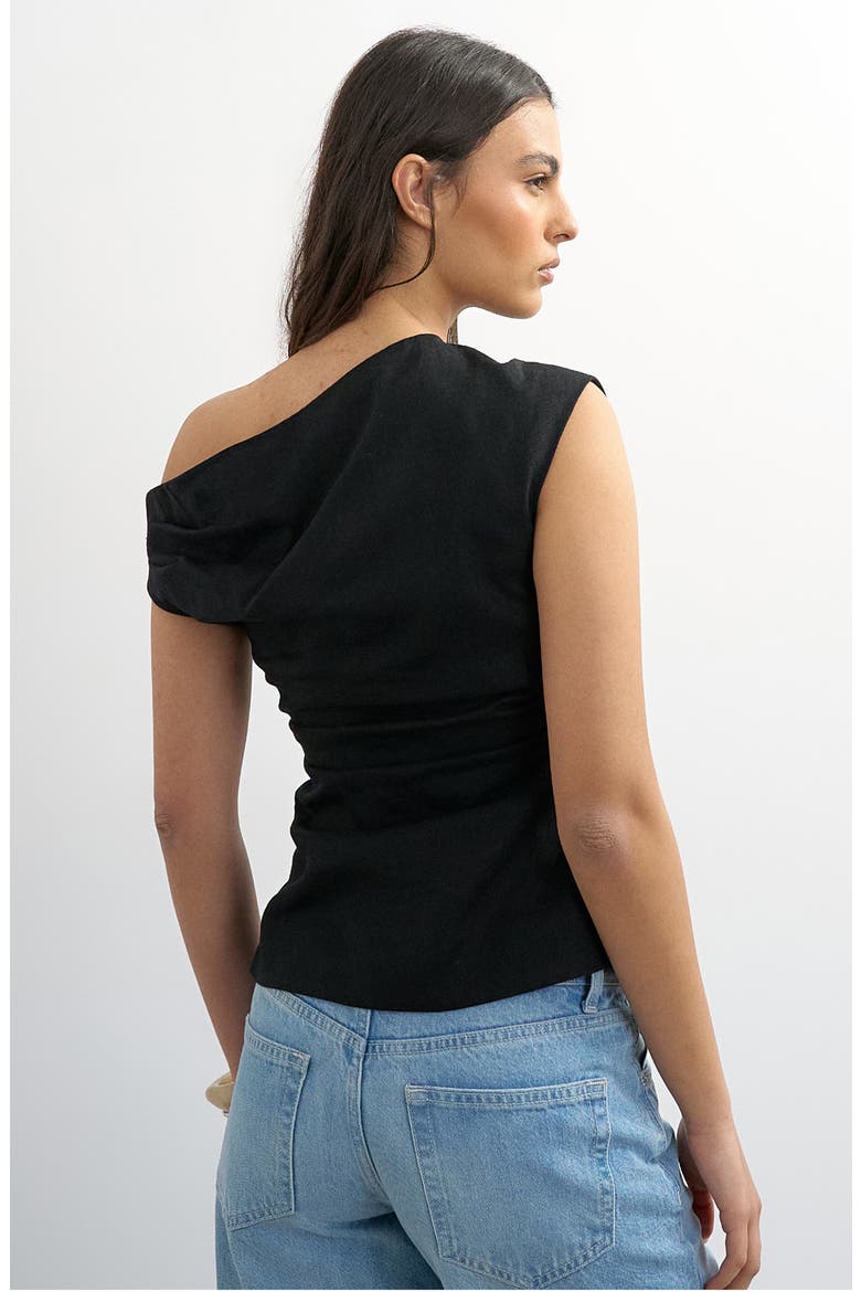 Off the Shoulder Ruched Pleat Waist Top, Alternate, color, BLACK