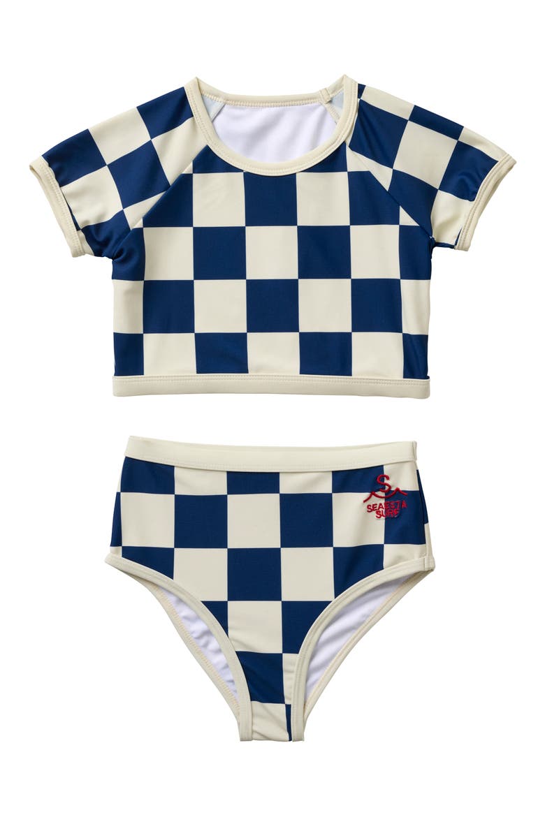Kids' Nautical Checks Short Sleeve Two-Piece Rashguard Swimsuit, Main, color, NAVY