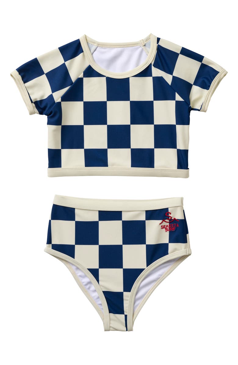 SEAESTA SURF Kids' Nautical Checks Short Sleeve Two-Piece Rashguard Swimsuit, Main, color, Navy