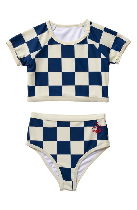 Kids' Nautical Checks Short Sleeve Two-Piece Rashguard Swimsuit (Little Kid & Big Kid)